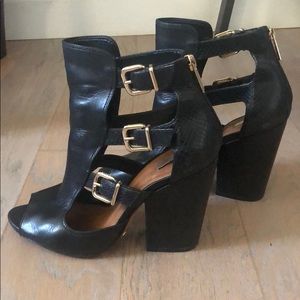 Schutz Black Block Heel Sandal with Gold Buckles